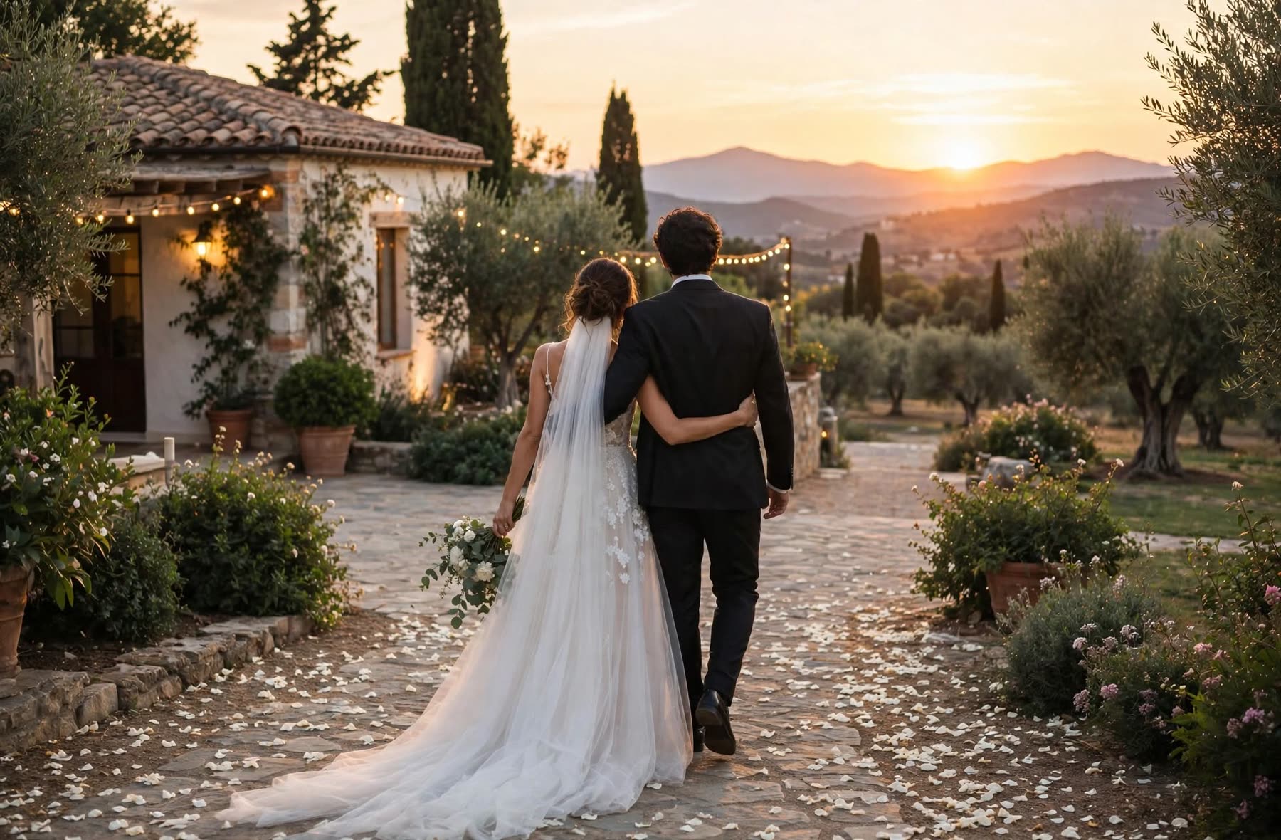 Paula y Andrés caminando hacia el atardecer