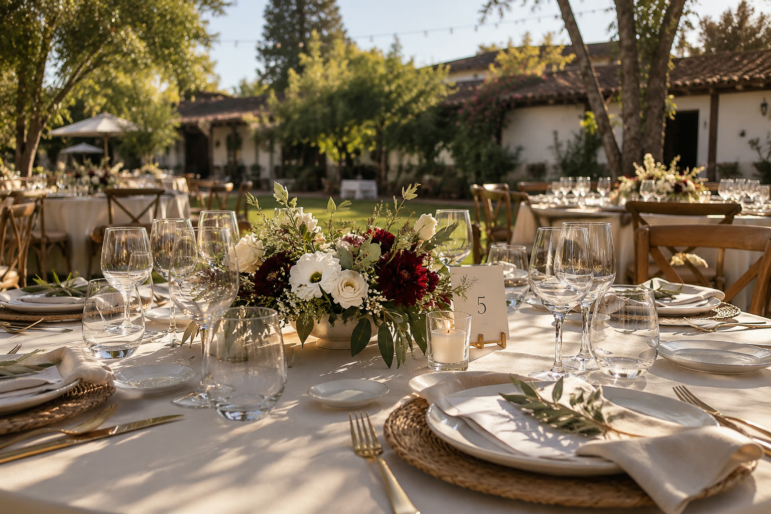 Mesa de boda en el jardín de la hacienda al atardecer